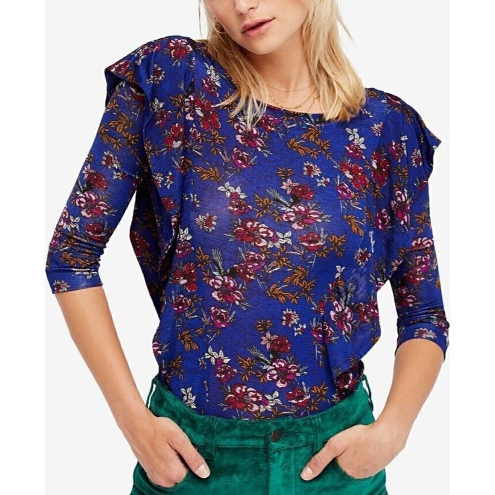 Free People Dock Street Ruffle Blouse Blue Floral Top Women's Medium
